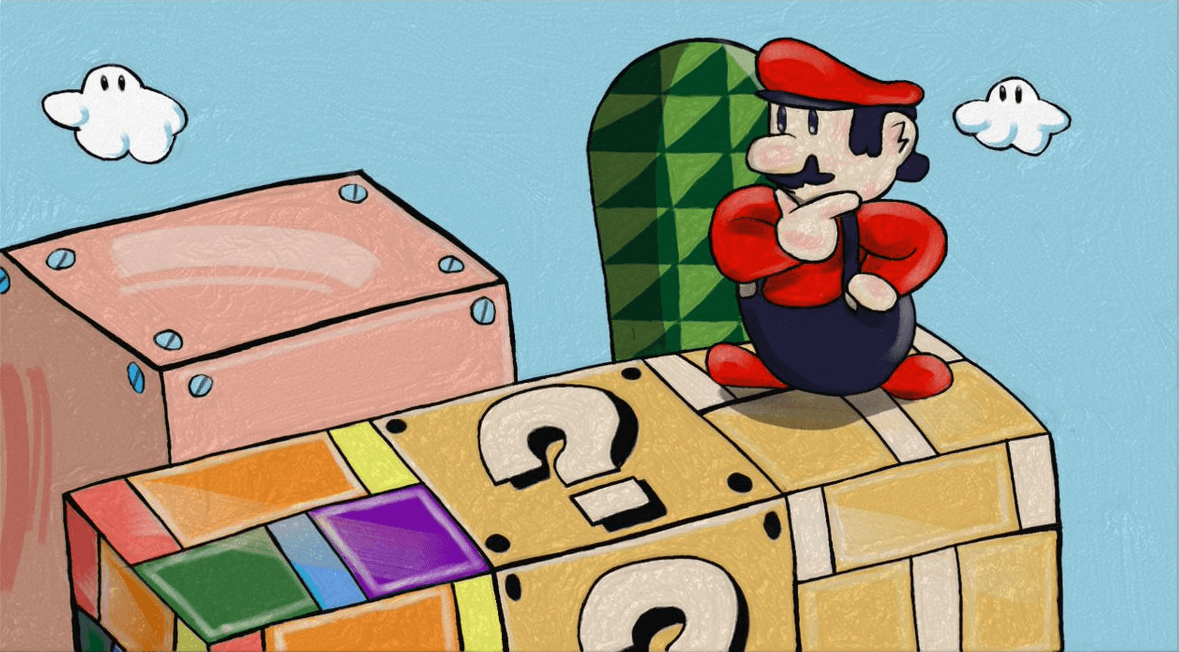 Mario questioning a rainbow-colored brick block. Click through to its dedicated webpage for a more detailed description.