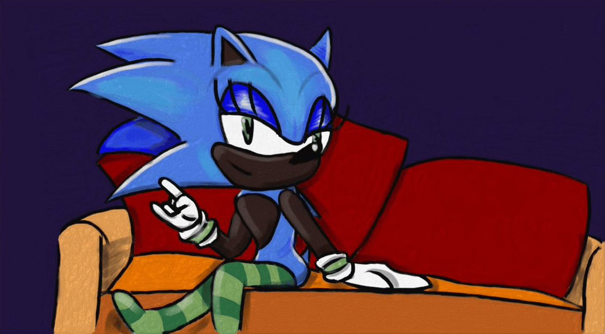Sonic wearing thigh-highs and making devil horns with their hand. Click through to its dedicated webpage for a more detailed description.