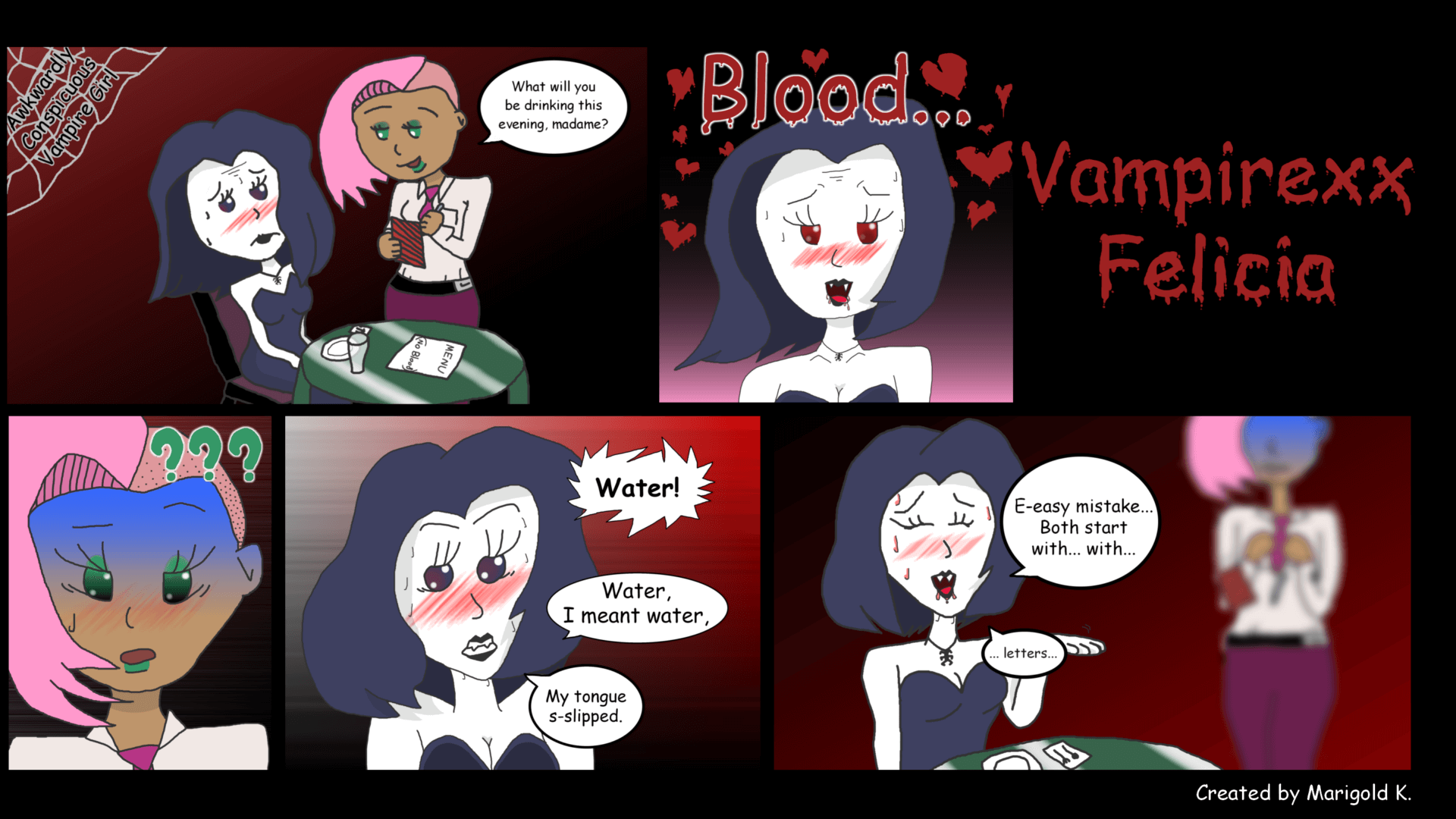 A 5-panel comic featuring a non-binary gal vampire who is very bad at being discreet. Click through to its dedicated webpage for a more detailed description.