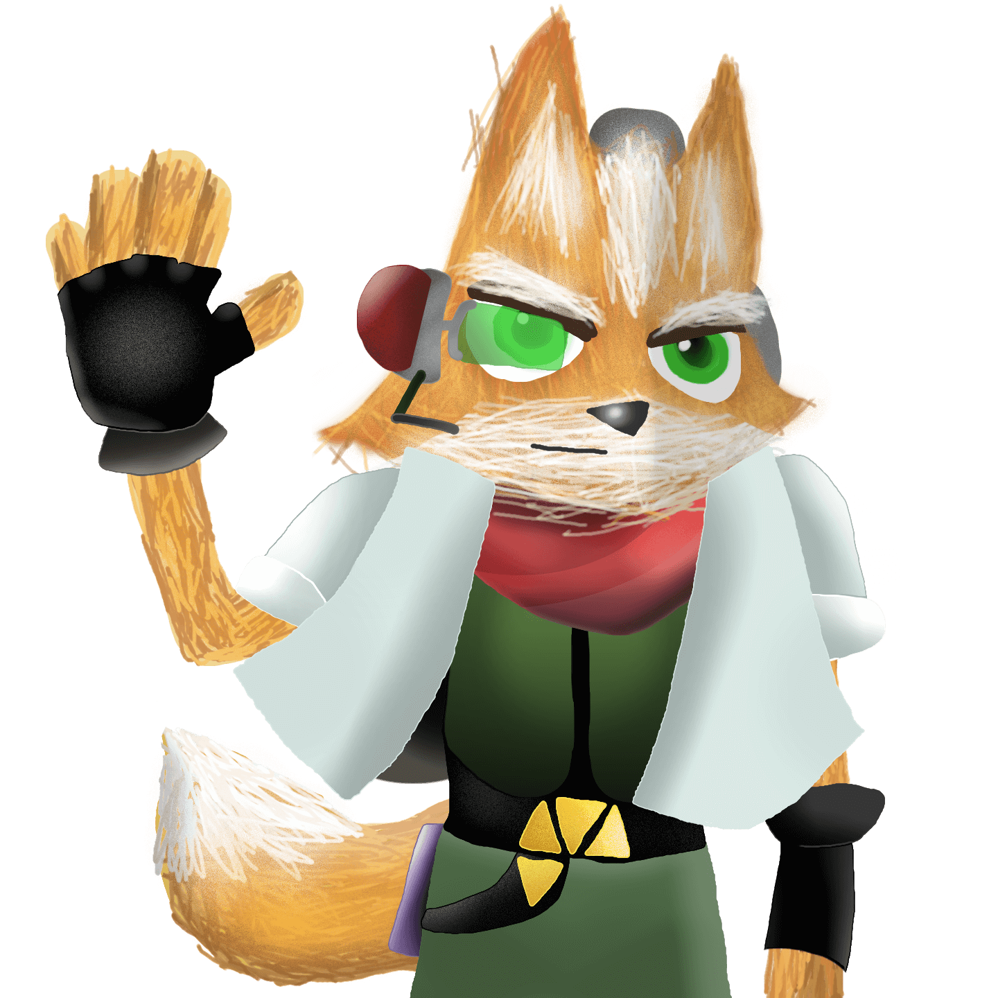 A drawing of Fox McCloud waving. Click through to its dedicated webpage for a more detailed description.