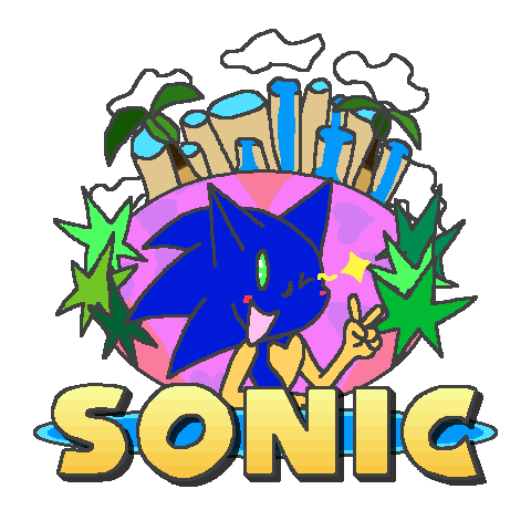 A digitally-drawn Sonic title card in which Sonic is winking and making a peace sign while surrounded by hearts and nature. Click through to its dedicated webpage for a more detailed description.