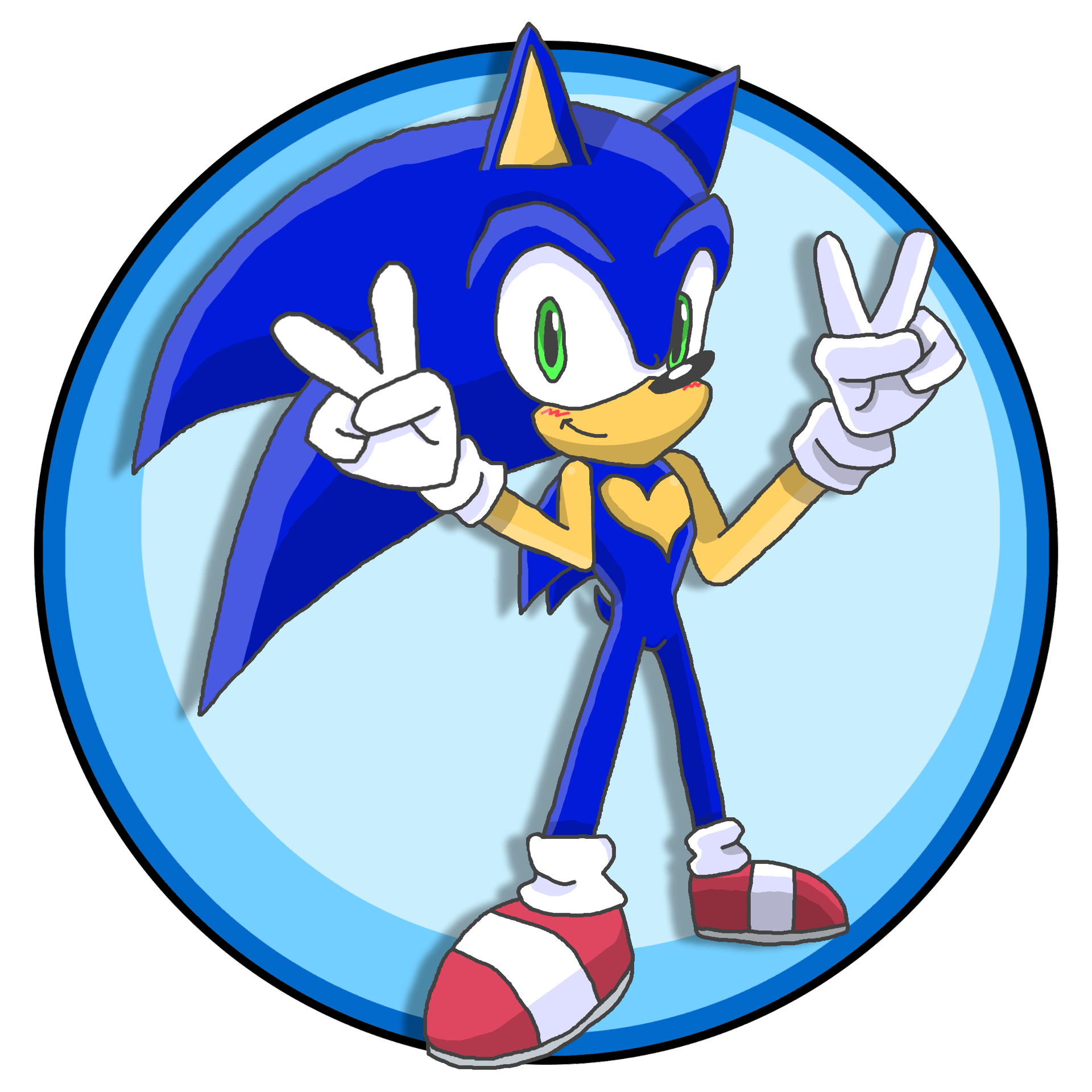 Sonic smiling and making peace signs with his hands. Click through to its dedicated webpage for a more detailed description.