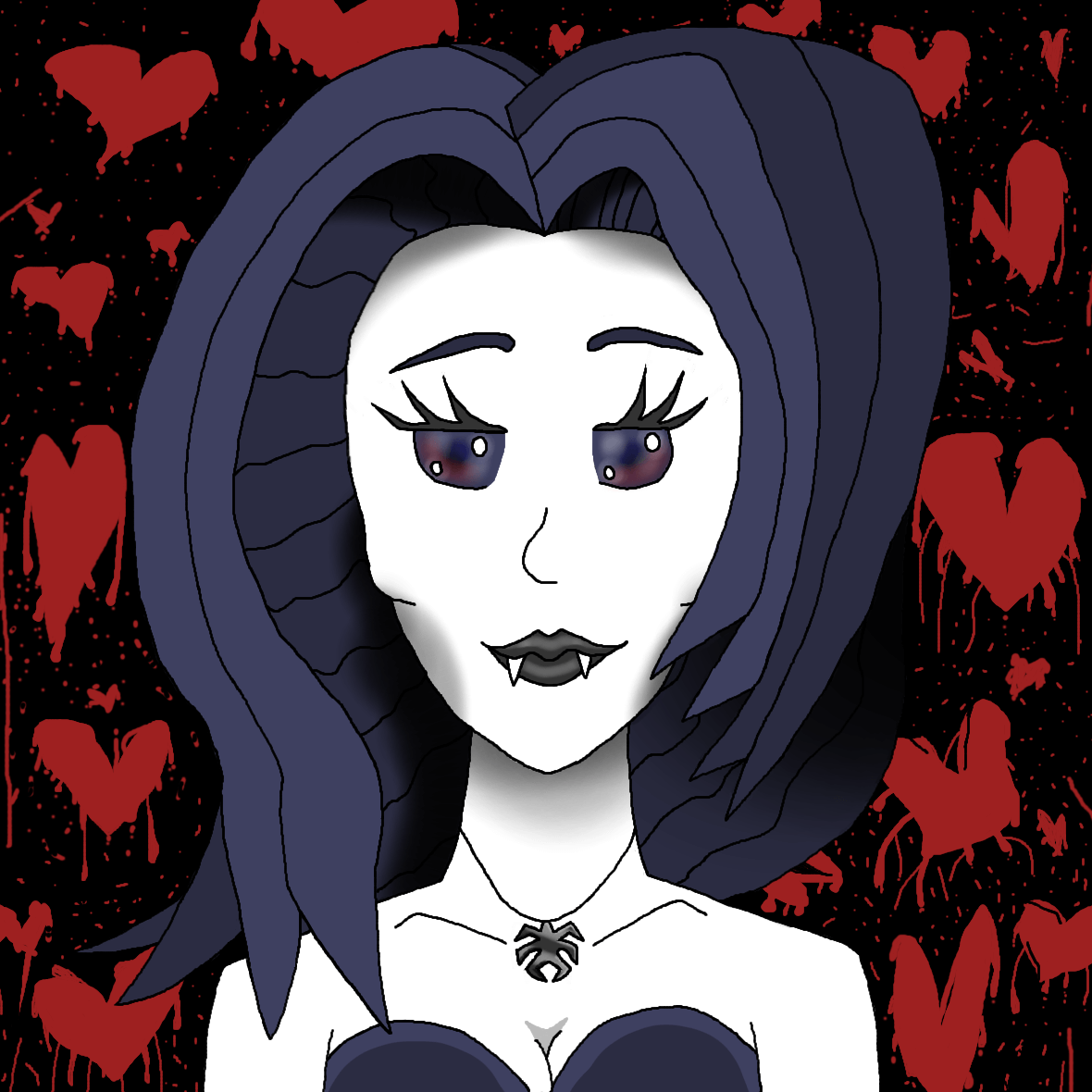 A drawing of Vampirexx Felicia smiling in front of a bloody heart background. Click through to its dedicated webpage for a more detailed description.
