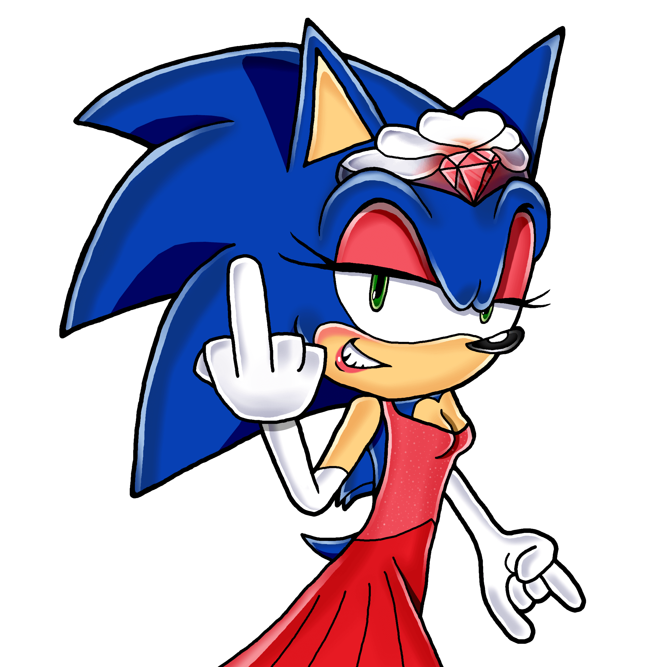 A drawing of Princess Sonic making devil horns and flipping the bird. Click through to its dedicated webpage for a more detailed description.