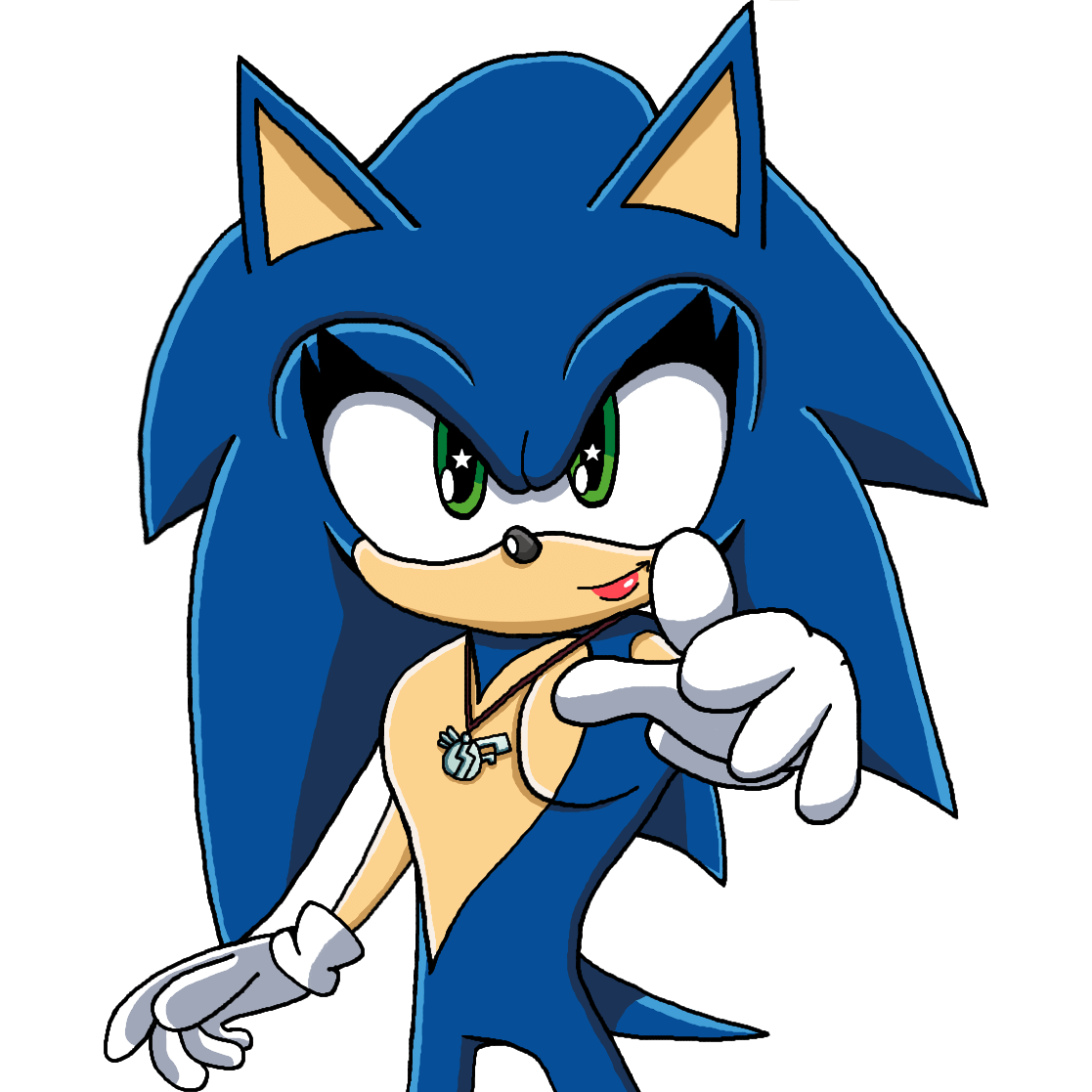 A drawing of femme-presenting Sonic doing the Sonic 2006 pose. Click through to its dedicated webpage for a more detailed description.