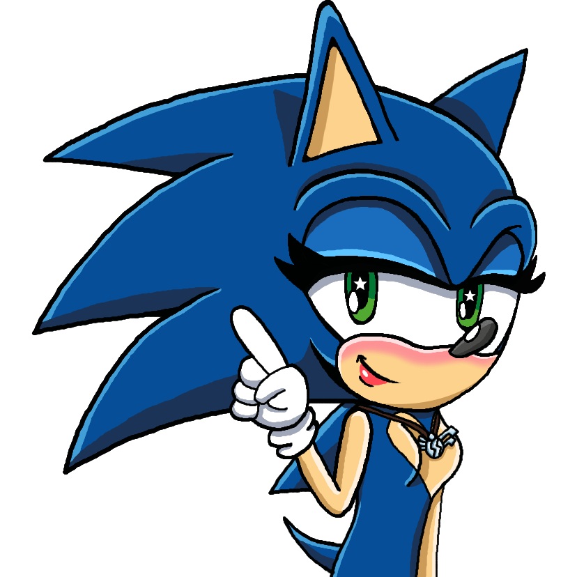 A drawing of a very femme-presenting Sonic holding his finger outward like in the video games. Click through to its dedicated webpage for a more detailed description.