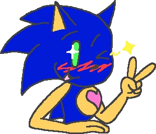 A drawing of Sonic making a peace sign while winking and sticking his tongue out. Click through to its dedicated webpage for a more detailed description.
