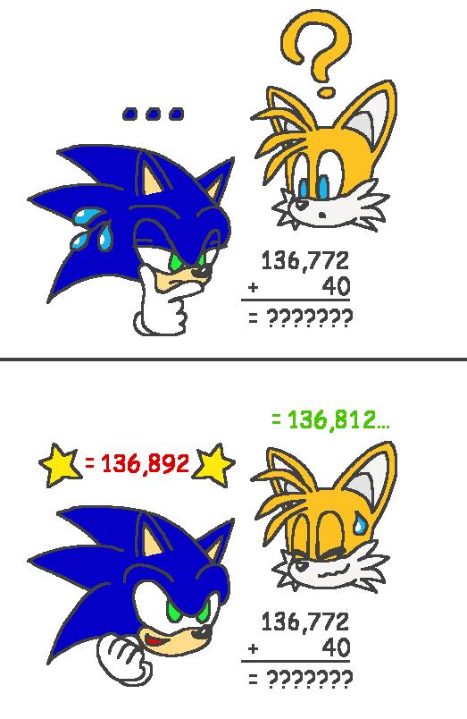 Two-panel comic in which Sonic tries and fails to do math while Tails watches amusedly. Click through to the webpage for a more detailed description.