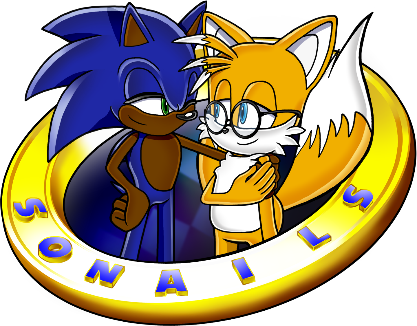 Sonic the Hedgehog and Tails Prower sharing a tender moment with one another while standing in a golden warp ring that has “Sonails” written on it and a small peek at a world of diamonds inside it. Sonic has his hand on Tails’s arm, with Tails placing his hand on Sonic’s. Sonic has brown skin instead of his usual peach complexion, while Tails has white tips on his hair and is wearing round black glasses.