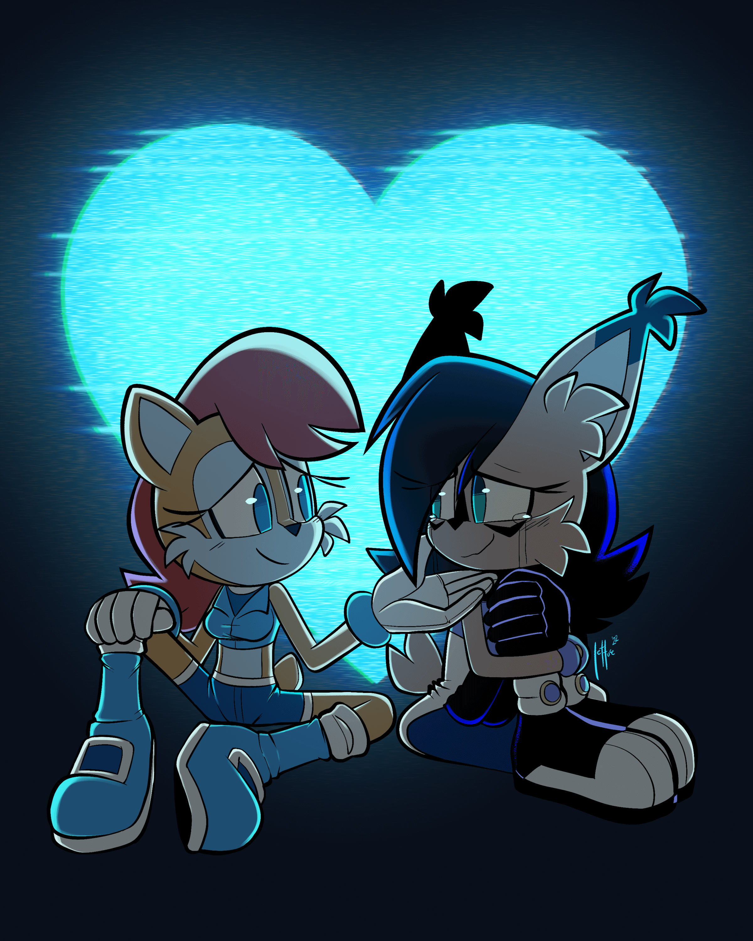 Cover image depicting Sally Acorn comforting a teary-eyed Nicole the Holo-Lynx, sitting in the dark, lit by a holographic cyan heart behind them that symbolizes their love for one another. They’re both smiling at and in love with one another. This piece was a gift for a friend, and was drawn by qqHoneydew_. When clicked on, this image links back to Honeydew’s Ko-fi.