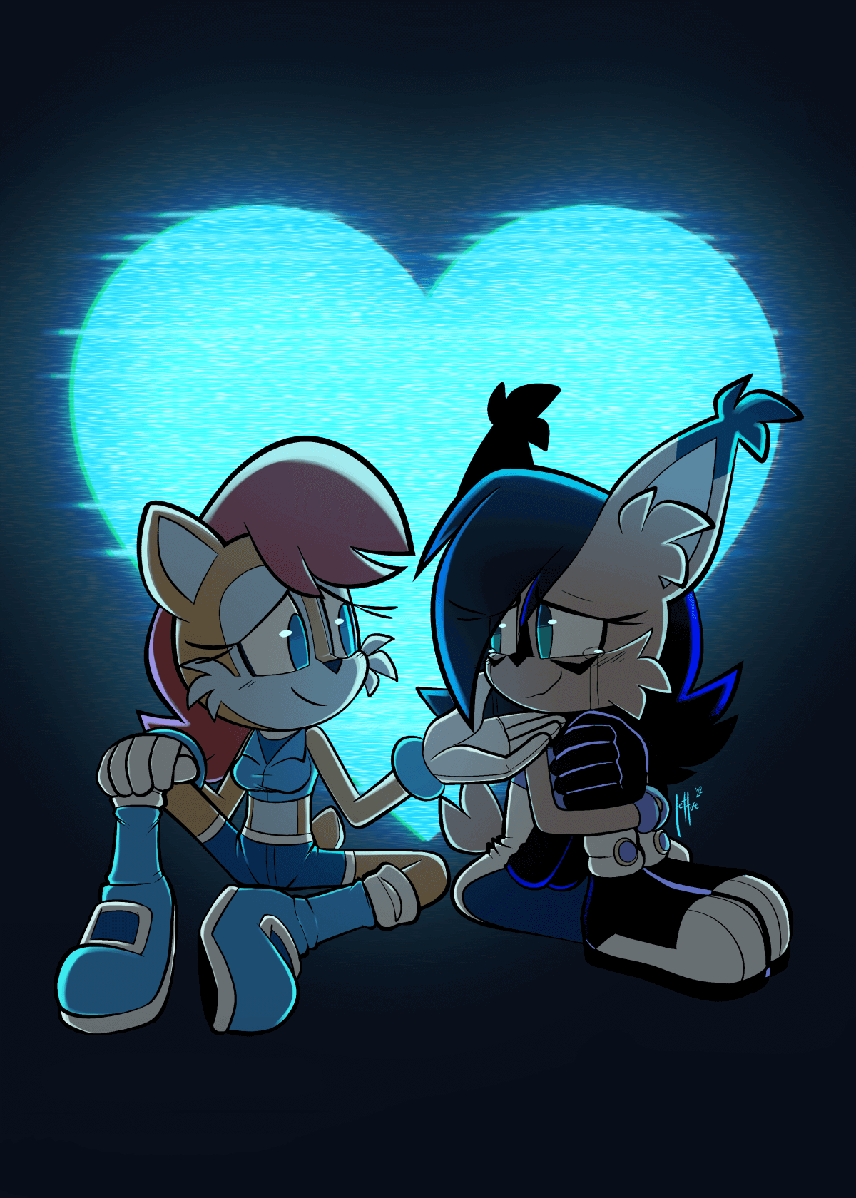 Cover image depicting Sally Acorn comforting a teary-eyed Nicole the Holo-Lynx, sitting in the dark, lit by a holographic cyan heart behind them that symbolizes their love for one another. They’re both smiling at and in love with one another. This piece was a gift for a friend, and was drawn by qqHoneydew_.