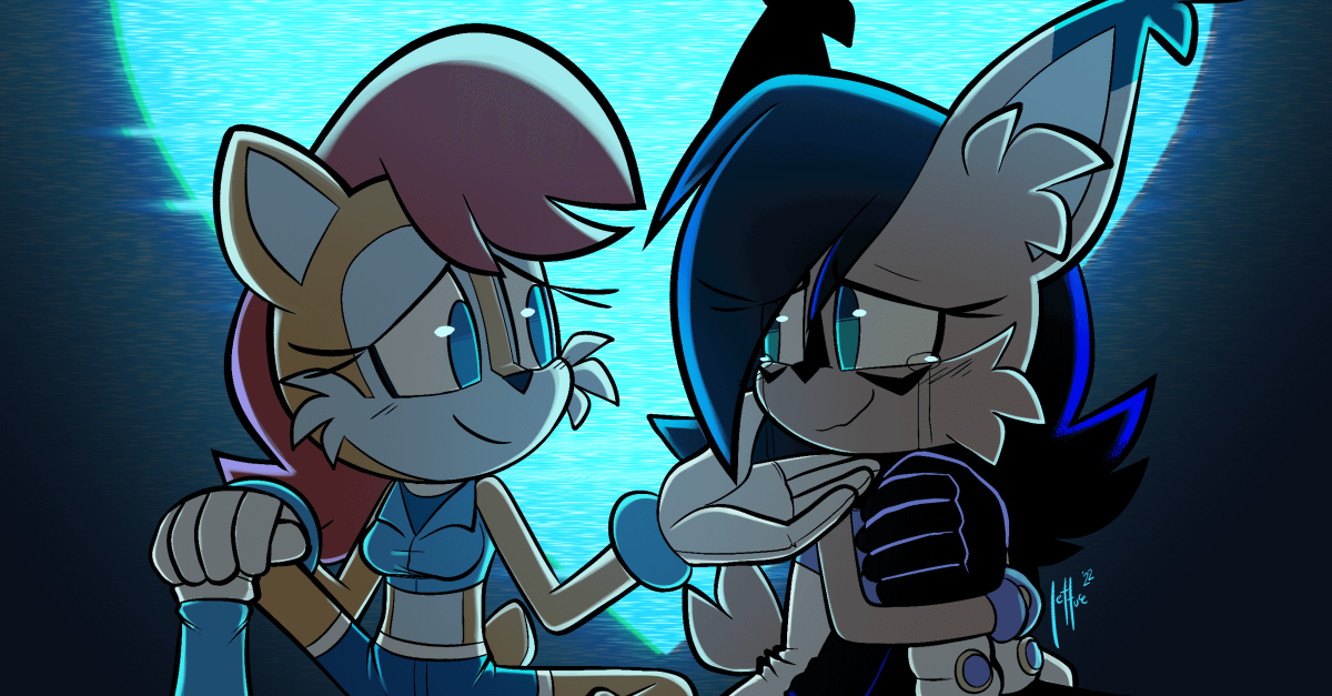 Cover image depicting Sally Acorn comforting a teary-eyed Nicole the Holo-Lynx, sitting in the dark, lit by a holographic cyan heart behind them that symbolizes their love for one another. They’re both smiling at and in love with one another. This piece was a gift for a friend, and was drawn by qqHoneydew_.