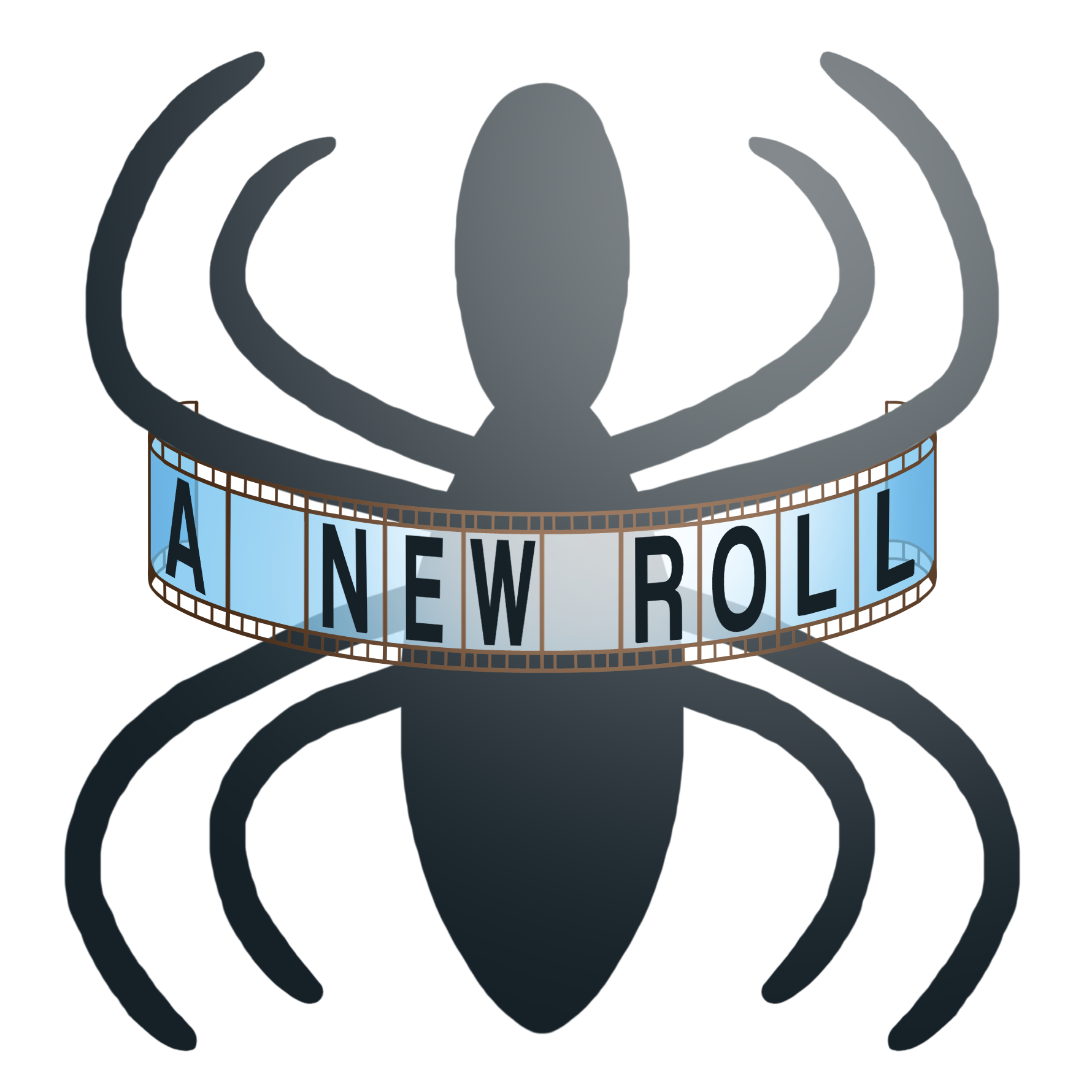 A logo of a spider with four legs that has a gradient on it, making it look like light is shining at it from above. In front of that logo is an additional subtitle, rendered to look like a film reel, with letters adorned on each frame to spell out, ‘A New Roll.’