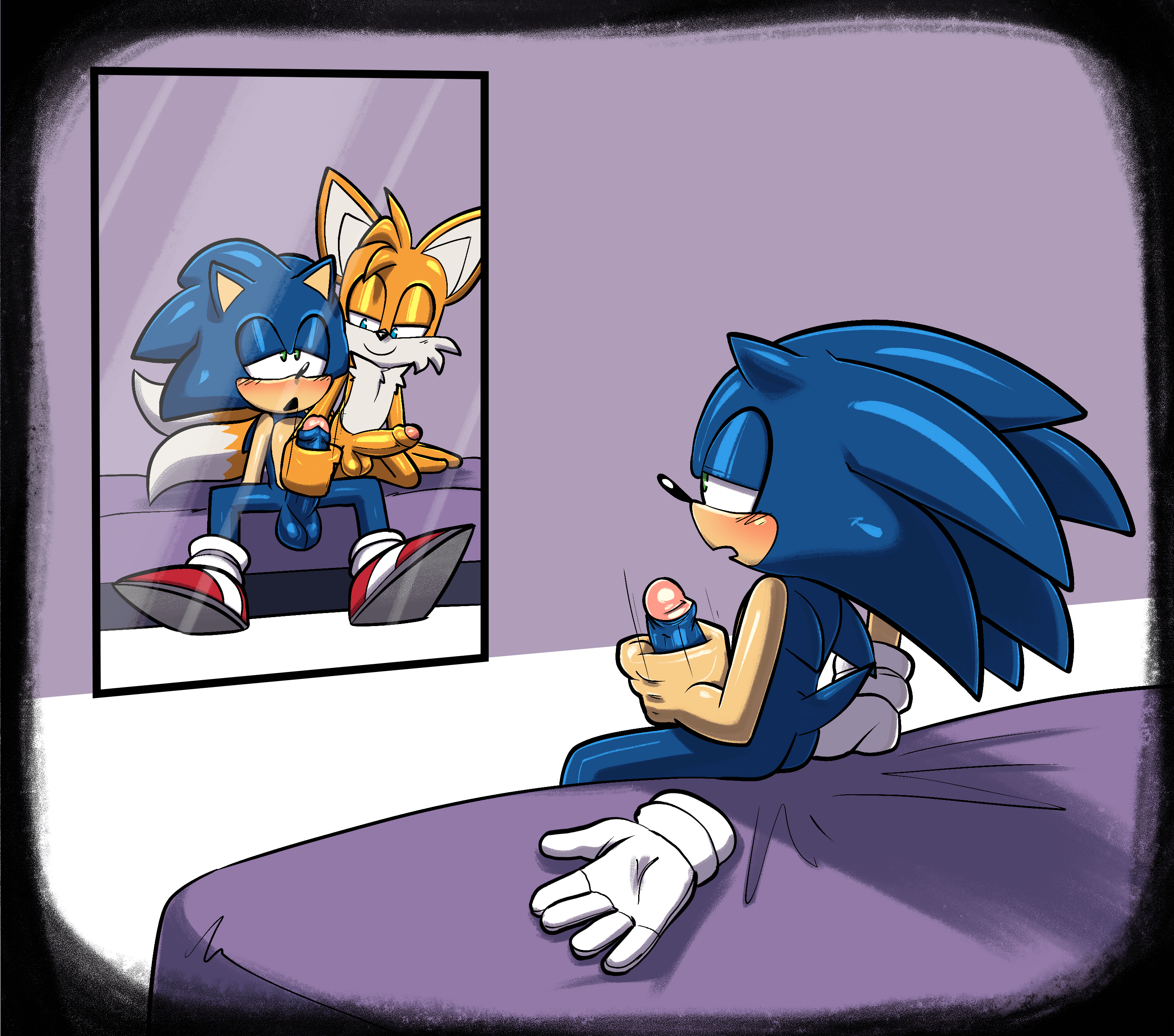 A scene depicting Sonic sat on the edge of a bed, facing a mirror while stroking his cock off, mouth agape and face flushed. In the mirror, there is a reflection of himself, but in the reflection Tails is there and is stroking Sonic’s cock off instead. The palette of the room actually kinda looks like the Ace pride flag! This wasn’t in my notes and Honeydew hasn’t mentioned anything about it, so it might just be a happy accident. Looks lovely, though! When clicked on, the image links back to Honeydew’s Ko-fi!