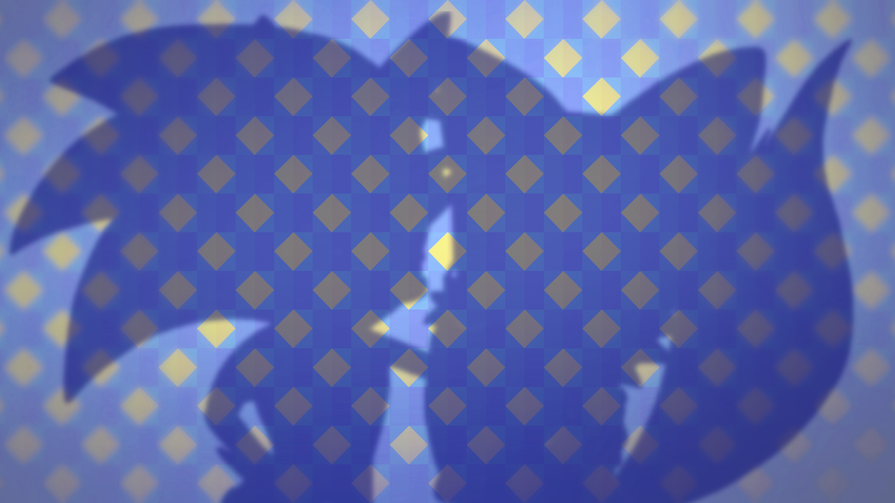 The silhouettes of Sonic the Hedgehog and Tails, standing in front of a slightly out-of-focus blue checkerboard background with golden diamonds.