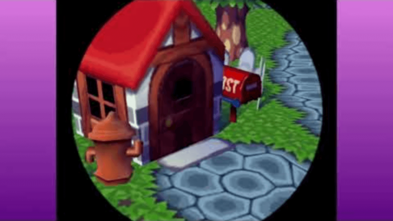 Thumbnail for part 2 of Felicia and Wynne’s first stream of Animal Crossing. It features a red-roofed house with a stone path leading to it and grass surrounding it, framed by a circular vignette.