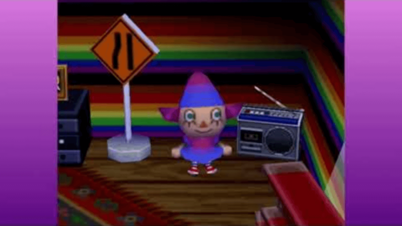 Thumbnail for Felicia and Wynne’s second stream of Animal Crossing. Felicia’s character is wearing a Bi pride dress and hat, standing in a rainbow-walled room beside a cheap stereo.