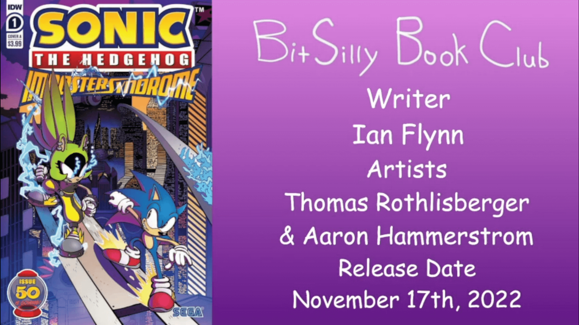 Thumbnail for the stream VOD of Bit Silly Book Club’s review of issues 1 and 2 of the IDW Sonic Imposter Syndrome miniseries. It features the cover for issue 1, the Bit Silly Book Club logo, the release date, and the credits as featured in the comics.