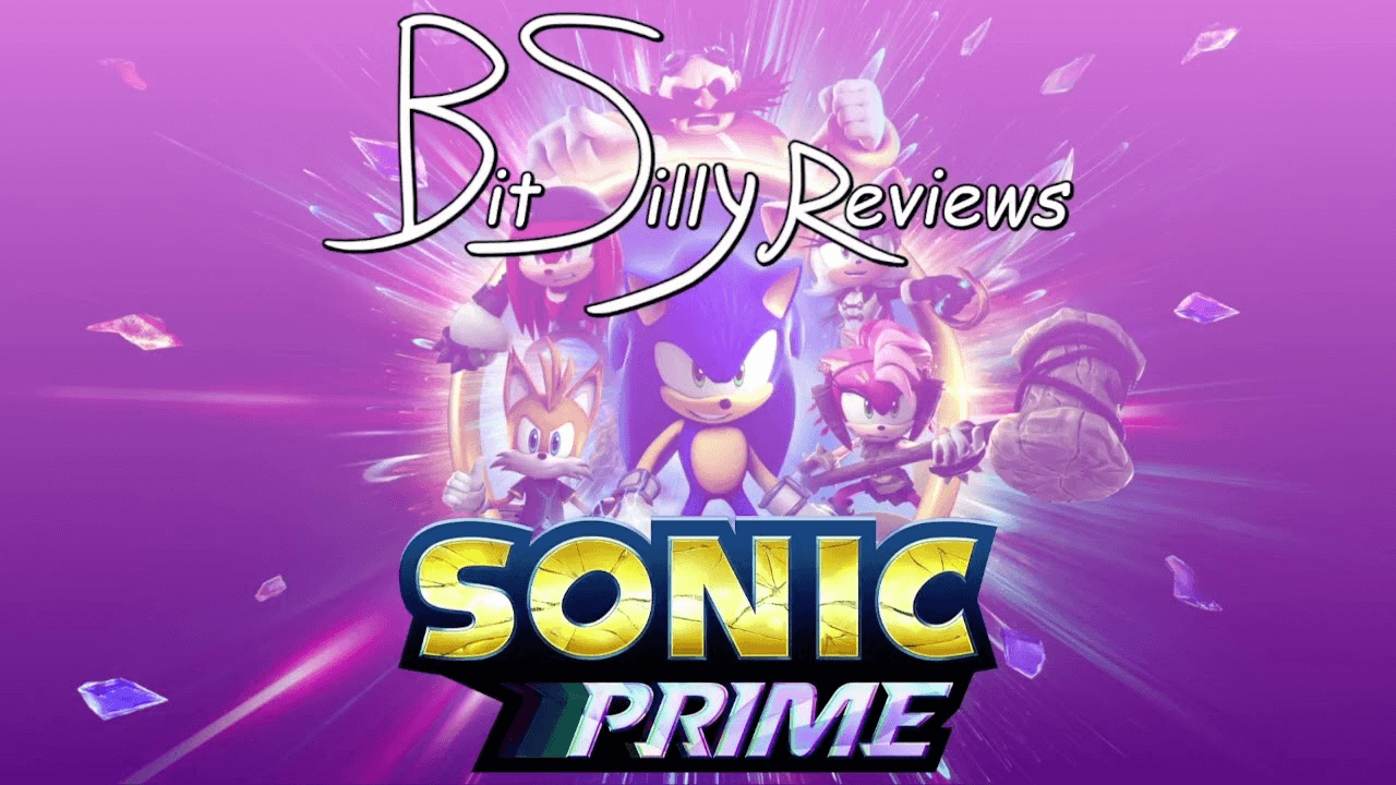 Thumbnail for Felicia and Wynne’s review of season 1 of Sonic Prime, featuring a promotional graphic for the show in a purple gradient. In the foreground are the logos for Bit Silly Reviews and Sonic Prime respectively.