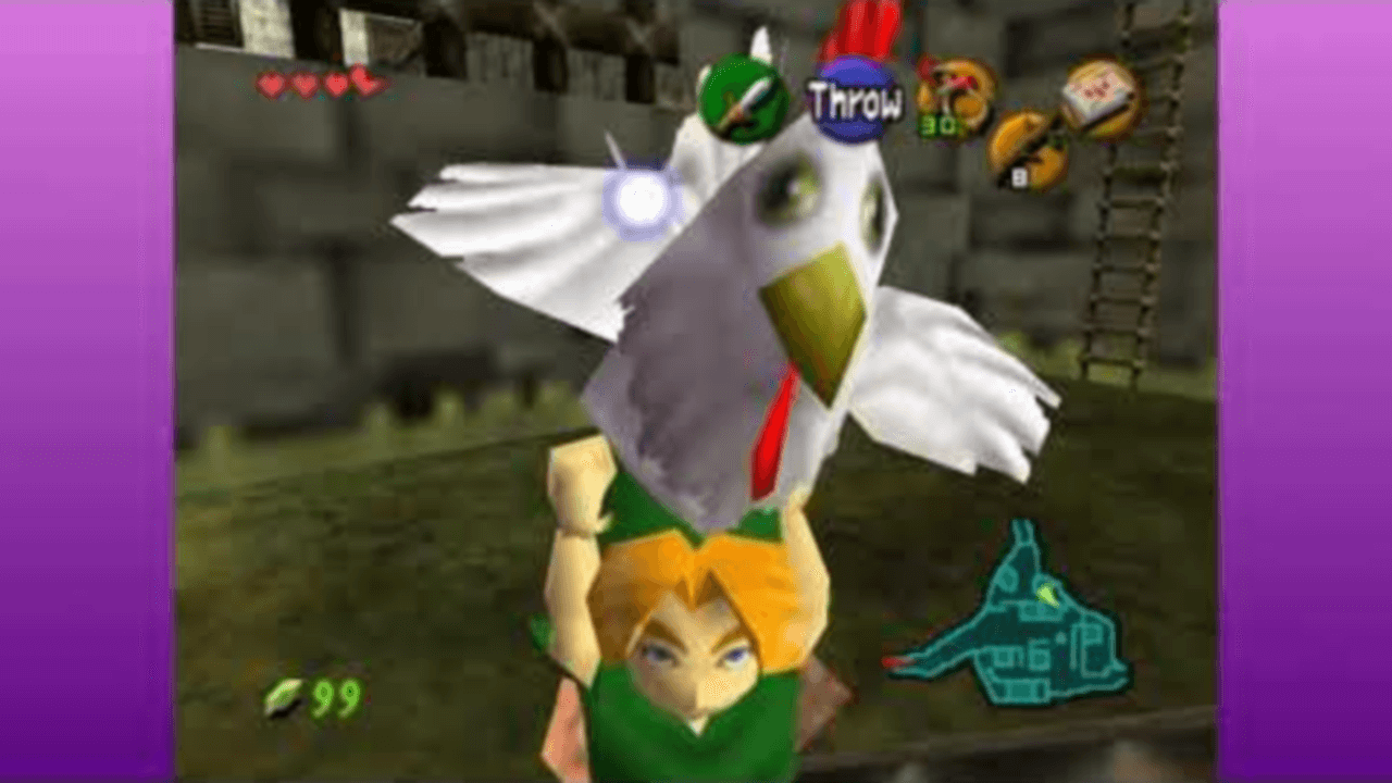 Thumbnail for Felicia and Wynne’s second stream of The Legend of Zelda: Ocarina of Time. It features Link rapidly-approaching the in-game camera while holding a chicken.