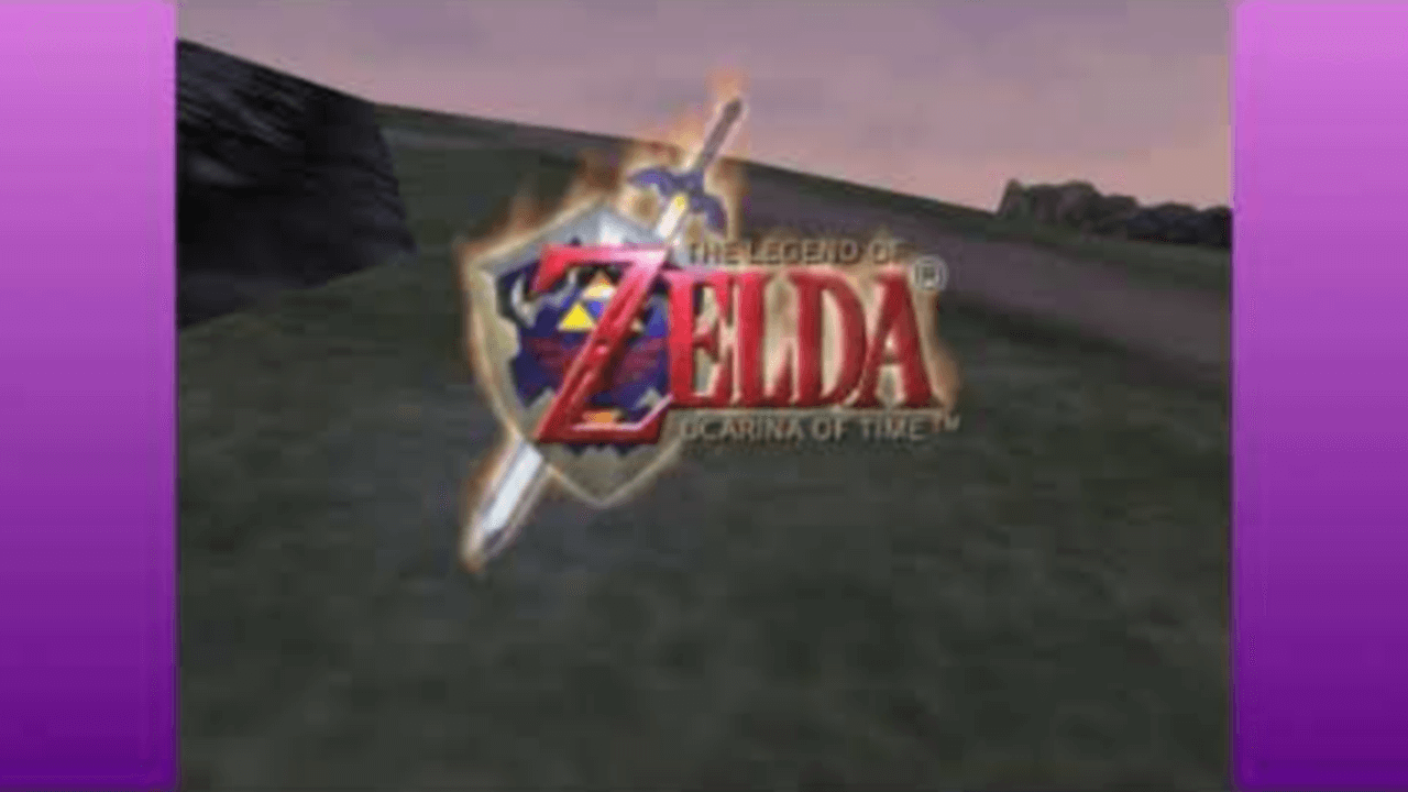 Thumbnail for Felicia and Wynne’s second stream of The Legend of Zelda: Ocarina of Time. It features the title screen of the game, with the logo glowing with a golden aura and a grassy hill dimly-lit in the sunrise.