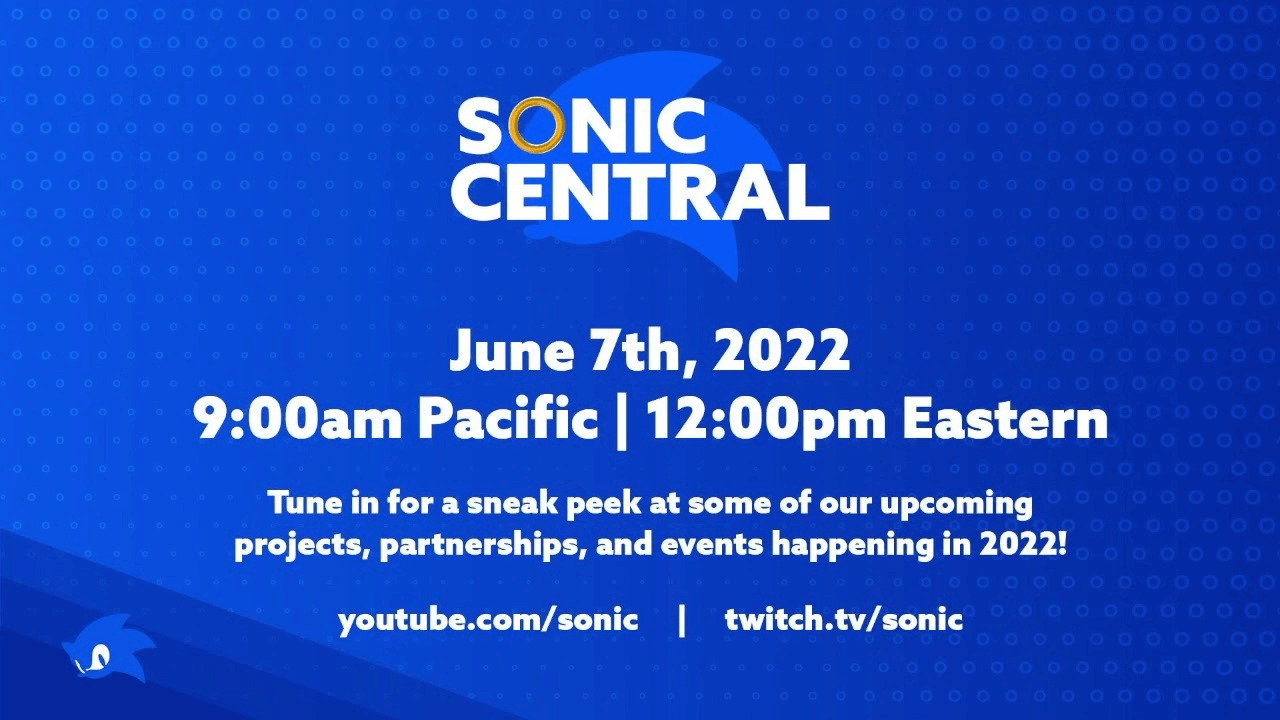Thumbnail for Felicia and Wynne’s live-streamed reaction of the Sonic Central broadcast that streamed on June 7th of 2022. It features the details of the stream, when it would took place and what it would go over, as well as links to the official channels for Sonic the Hedgehog on both YouTube and Twitch.