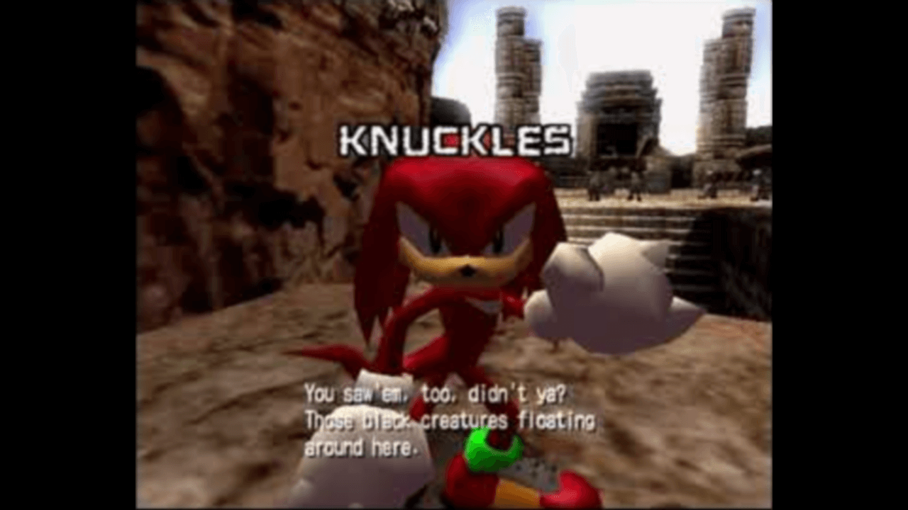 Thumbnail for Felicia and Wynne’s second Shadow the Hedgehog stream, featuring Knuckles turning to Shadow with a name card over his head to let players know he’s Knuckles. He is in a rocky area, saying to Shadow, “You saw’em, too, didn’t ya? Those black creatures floating around here.”