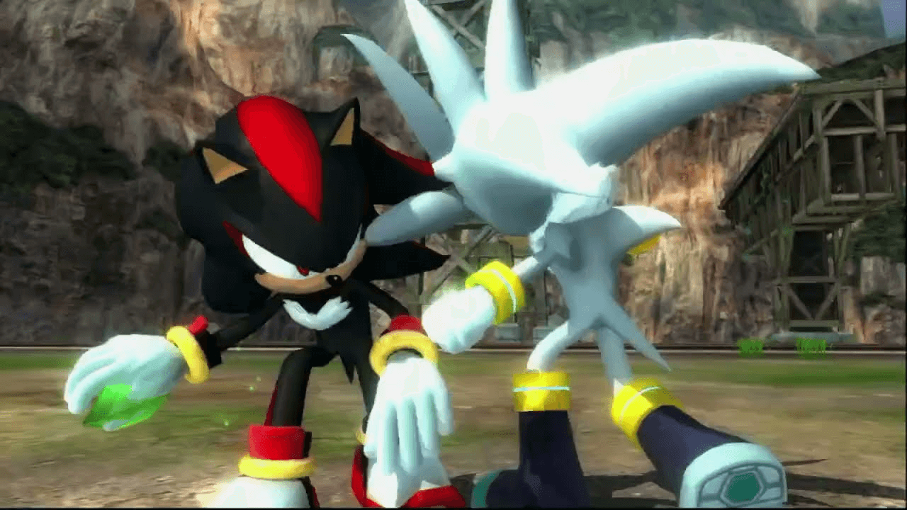 Thumbnail for Felicia and Wynne’s third stream of Sonic 2006, covering the conclusion of the Silver Story in the game. It features an in-engine cutscene from the game, depicting Shadow the Hedgehog dodging an attack from Silver the Hedgehog while holding a green Chaos Emerald.