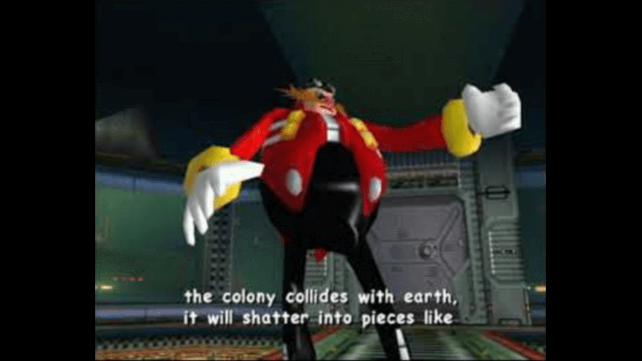 Thumbnail for part 1 of Felicia and Wynne’s third Sonic Adventure 2 stream, featuring Dr. Eggman in a cutscene. He is on a space colony, gesturing as he says, “the colony collides with earth, it will shatter into pieces like”.