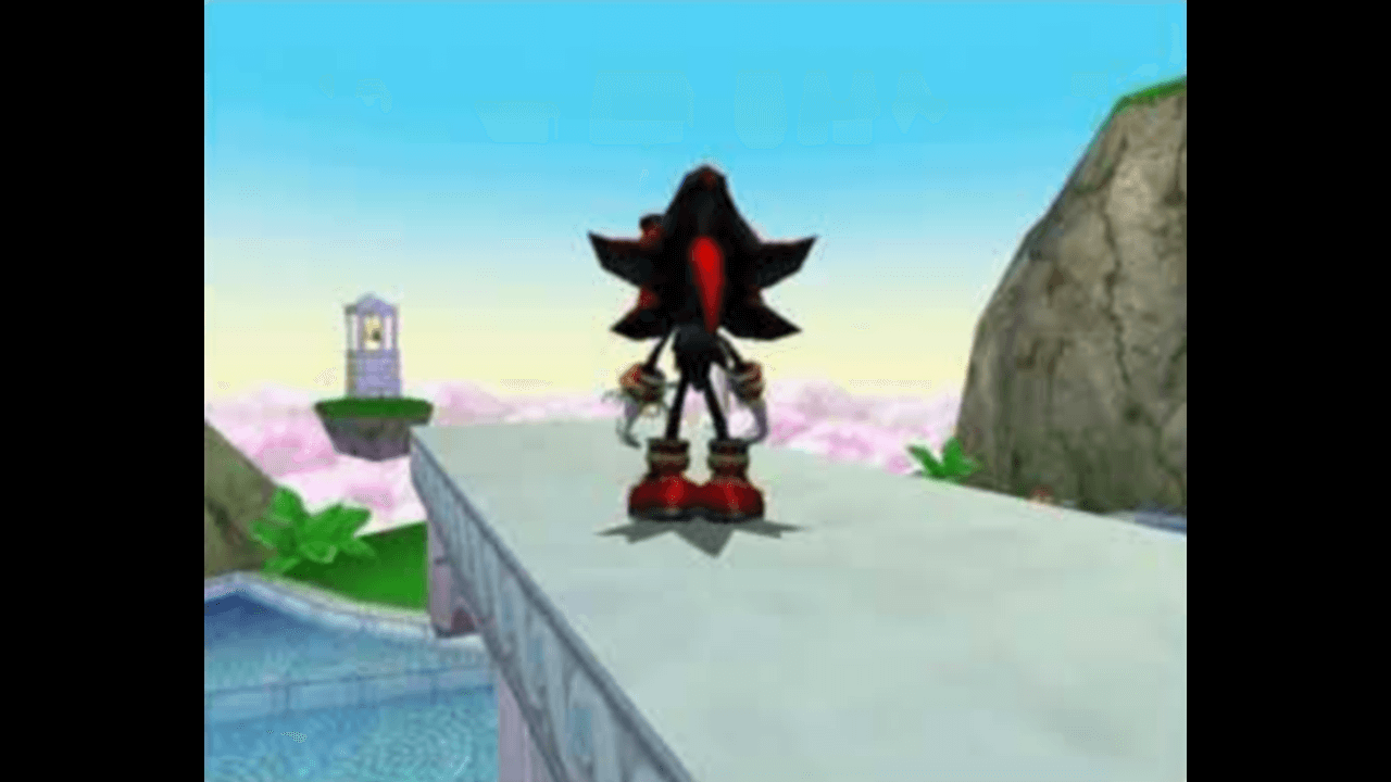 Thumbnail for part 2 of Felicia and Wynne’s third Sonic Adventure 2 stream, featuring Shadow the Hedgehog on an elevated walkway looking over the Hero Chao Garden.