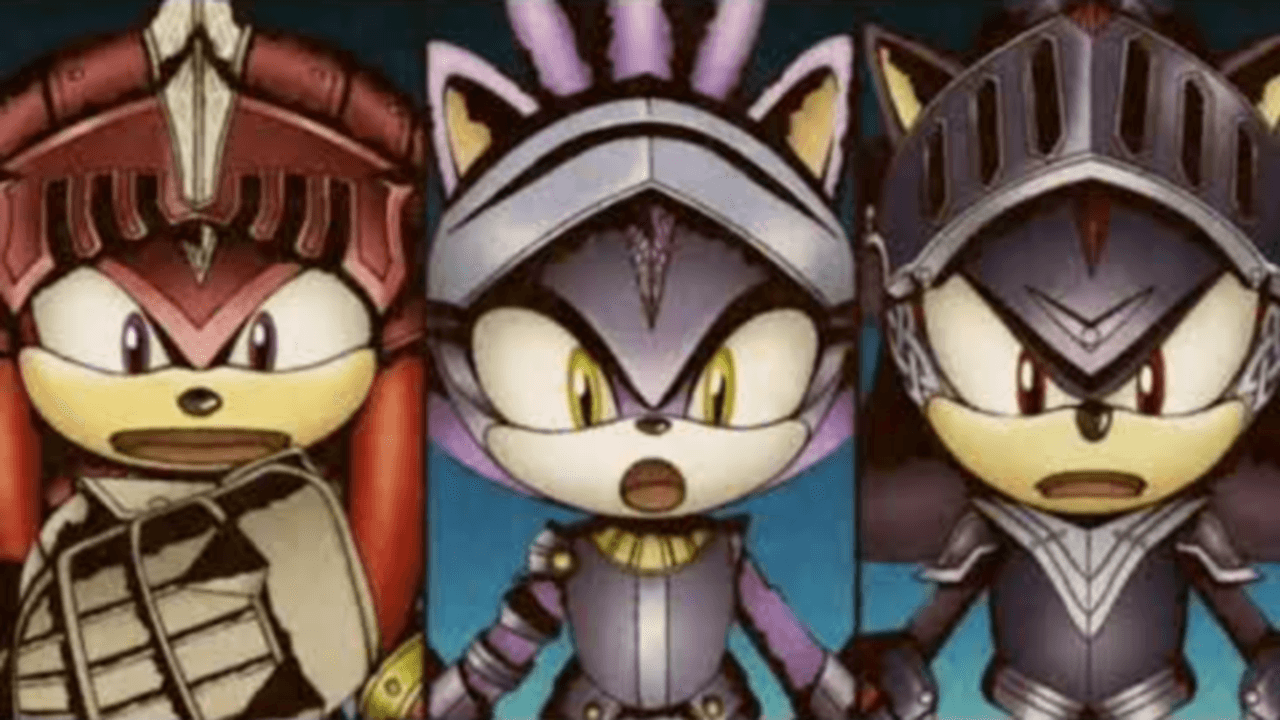 Thumbnail for Felicia and Wynne’s third stream of Sonic and the Black Knight. It features a cutscene where Sir Gawain, Sir Percival, and Sir Lancelot are all looking shocked.