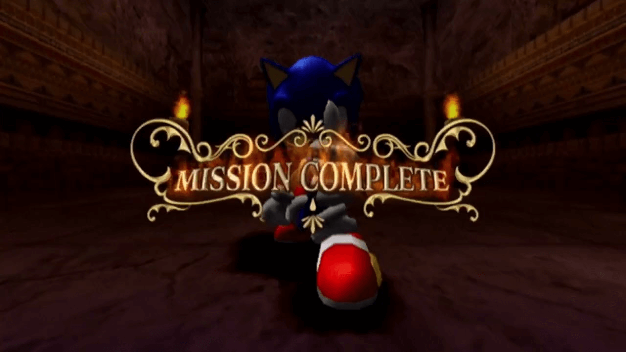 Thumbnail for Felicia and Wynne’s fourth stream of Sonic and the Secret Rings. It depicts Sonic the Hedgehog in a horribly-lit room, with the words “Mission Complete” framed attractively by swirly fancy lines and whatnot.