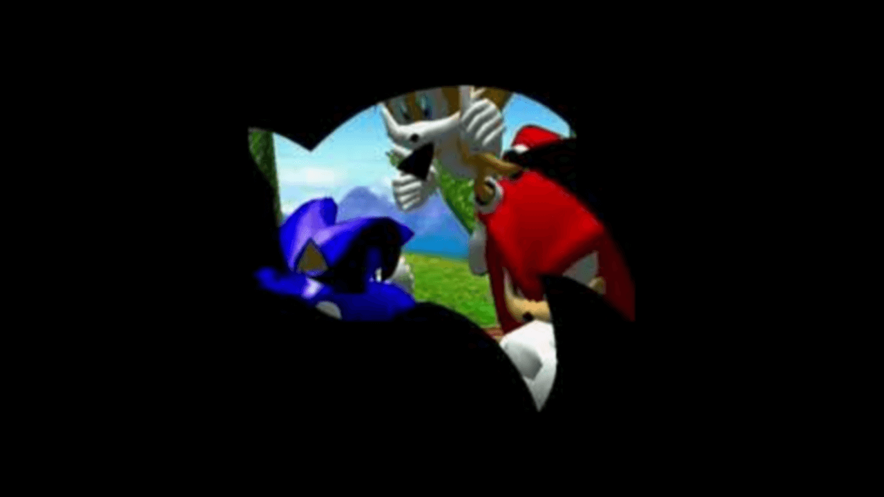 Thumbnail for Felicia and Wynne’s second Sonic Heroes stream. It features Sonic, Tails, and Knuckles faintly-visible through the see-thru mask of a drawing of Sonic the Hedgehog.