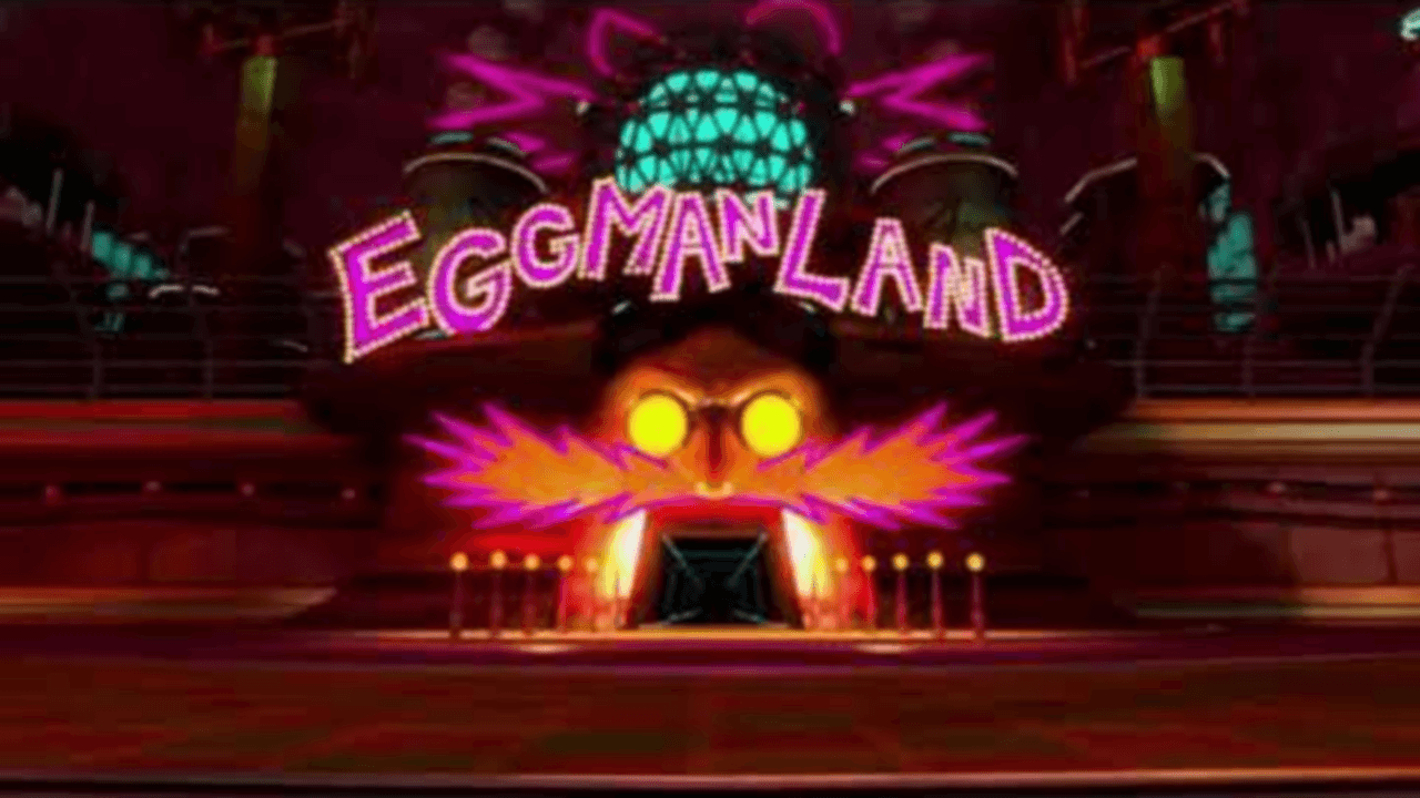 Thumbnail for Felicia and Wynne’s sixth stream of Sonic Unleashed. It features the entrance to Eggmanland, with large purple letters dazzlingly displaying the title of the park above a neon-lit approximation of Dr. Eggman’s face.