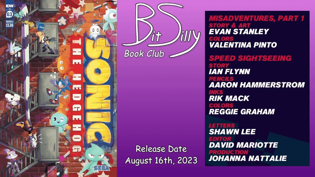 Thumbnail for the stream VOD of Bit Silly Book Club’s review of IDW Sonic #63. It features the cover, the Bit Silly Book Club logo, the release date, and the credits as featured in the comic.
