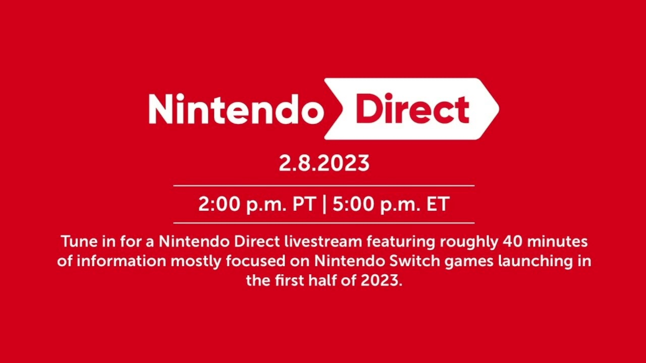 Thumbnail for the stream VOD of Felicia and Wynne’s reaction to the Nintendo Direct. It features a red screen with the Nintendo Direct logo, describing the date and time it would be broadcasted and what the broadcast would go over.