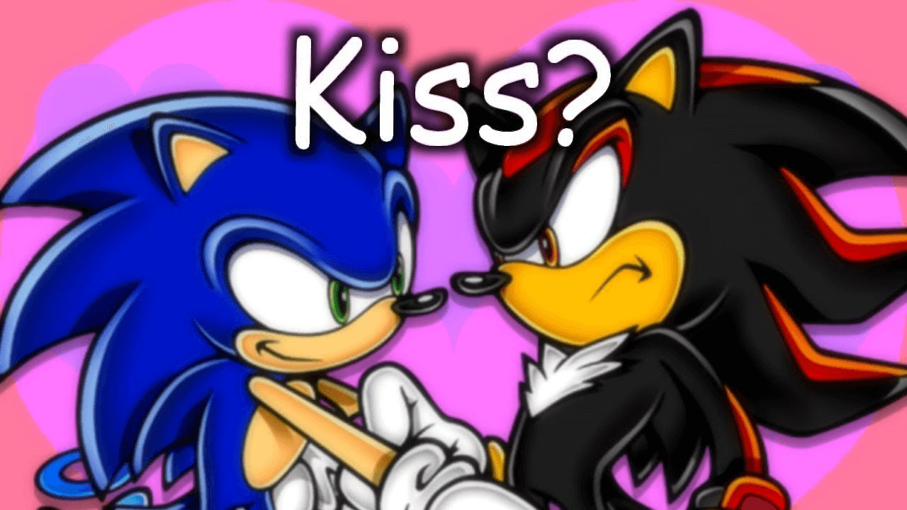 YouTube video thumbnail of Sonic and Shadow the Hedgehog in front of a pastel heart background. Sonic has a smile on his face, while Shadow frowns at him. In the foreground, there is bold white text that reads “Kiss?”