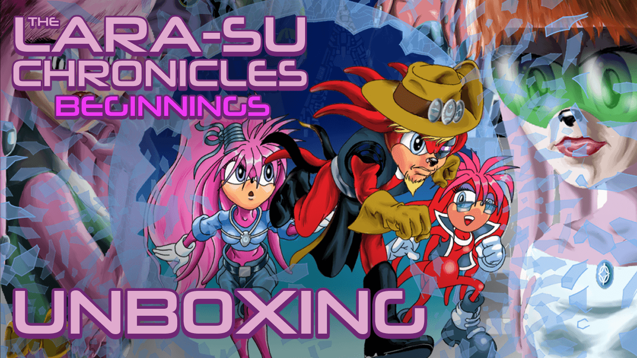 YouTube thumbnail for the unboxing video, featuring K’Nox breaking through glass with Lara-Su and Julie-Su following closely behind as the Julie-Su and Lara-Su of The Lara-Su Chronicles watch. There is a pink logo for The Lara-Su Chronicles: Beginnings at the top left, and the word “UNBOXING” written in the Lara-Su Chronicles font on the bottom left.